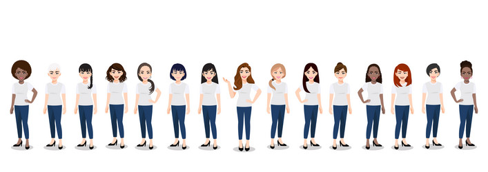 cartoon character with the women team in t-shirt vector