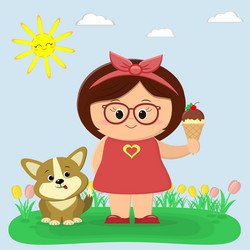 A sweet girl in red dress and glasses is holding vector