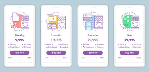 Subscription prices onboarding mobile app screens vector