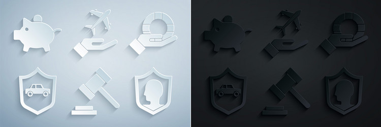 set judge gavel lifebuoy in hand car with shield vector image