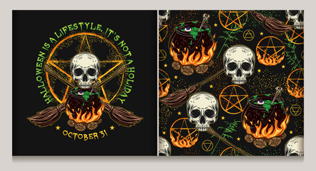 Halloween pattern label with cauldron pentagram Vector Image