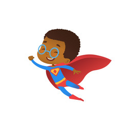 Superhero african cute kid fly costume flat vector