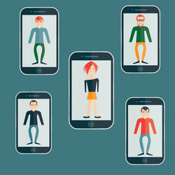 Four guys and girl flat design smartphone vector