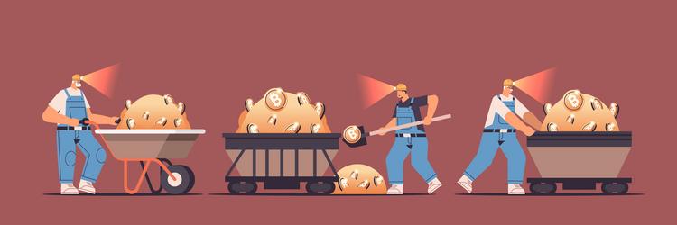 set men miners digging and extracting bitcoins vector image