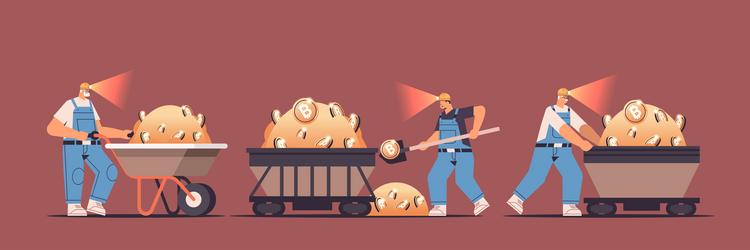 set men miners digging and extracting bitcoins vector