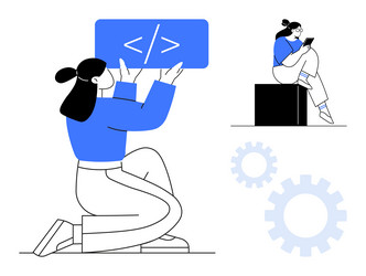 female programmers collaborating and coding vector image