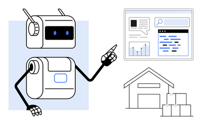 robot explaining analytics dashboard and warehouse vector image
