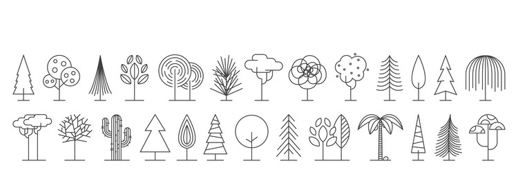 big set minimal trees linear icons vector