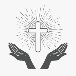 black and white open hands with cross divine vector image