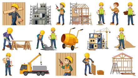 set of construction site objects and workers vector