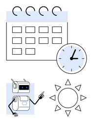 robot pointing at calendar and clock with sun vector image