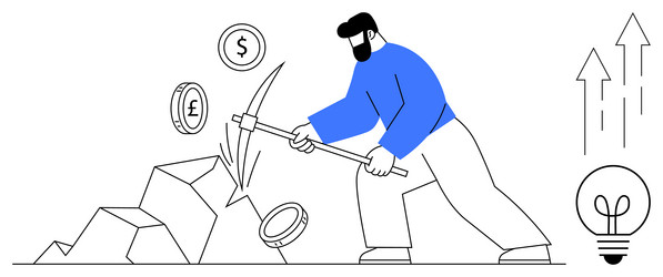 man mining currency symbols with pickaxe vector image