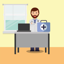 Doctor in consulting room computer desk medical vector