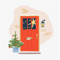 X-mas decorated home front door christmas tree vector