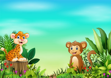 Cartoon a baby leopard sitting on tree stump Vector Image