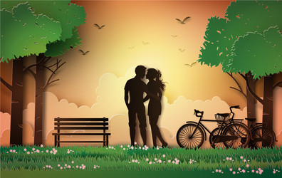 Silhouette of a loving couple on bokeh lights Vector Image