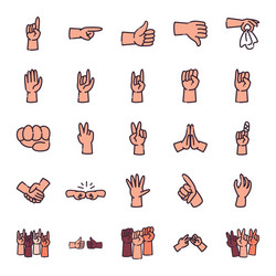 Gestures with hands line and fill style icon set vector