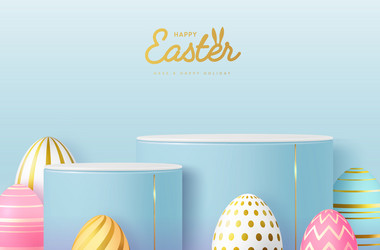 Easter background with 3d podium and eggs vector