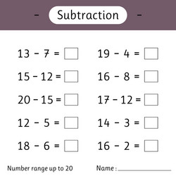 Subtraction Worksheet - Numbers 1 to 20 vector image