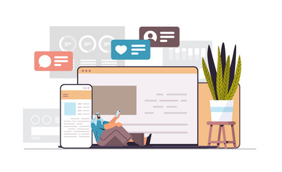 arab man using computer and mobile chatting apps vector image