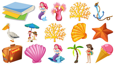 set of summer beach objects and cartoon characters vector image