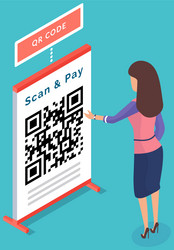 Businesswoman scanning qr code via mobile phone vector