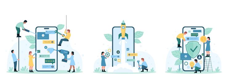 mobile app launch repair and release set tiny vector image