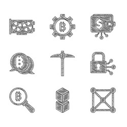 set pickaxe blockchain technology lock vector image