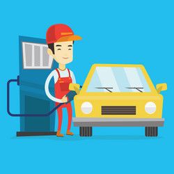 Worker filling up fuel into car at the gas station vector