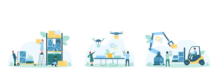 Robot making technology set tiny people building Vector Image