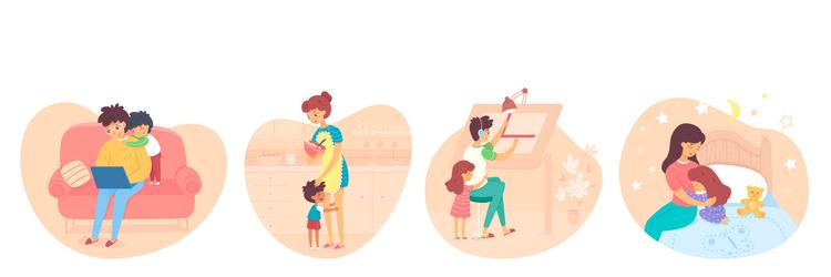 Hugs of kids and parents set cute scenes vector