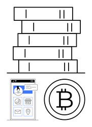 stack of books mobile app interface and bitcoin vector image