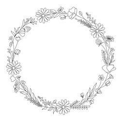 hand drawn wild flowers wreath line art Vector Image