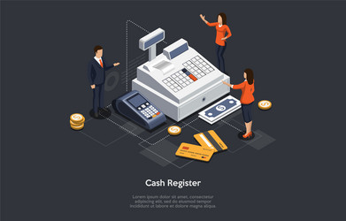 isometric cash register concept tiny characters vector