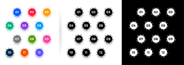 circular bullet points numbers from one to twelve vector image