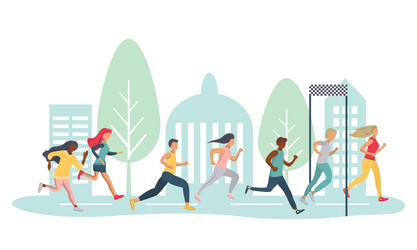 Men and women jogging a marathon distance vector