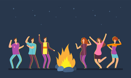 happy people group dancing at campfire music vector