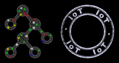 scratched iot stamp and shiny network binary nodes vector image