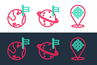 set line target planet with flag and moon icon vector image