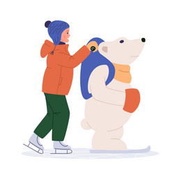 kid ice skating with helper bear child vector