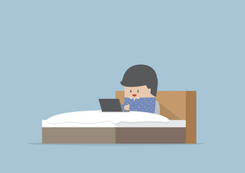 Man working on his laptop in the bed vector