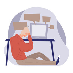 Depressed man sitting table with computer sad vector