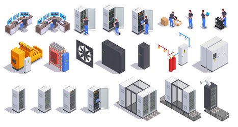 datacenter equipment isometric set vector