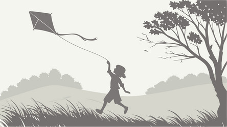 child flying a kite in field with tree design vector image