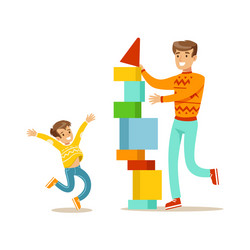 dad and son building a tower with blocks happy vector image