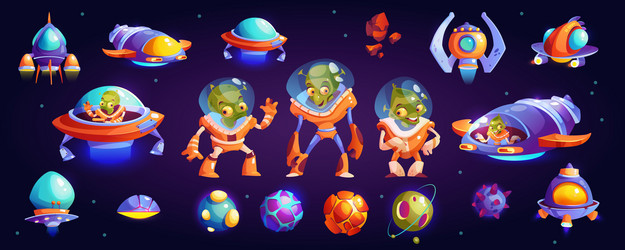 Outer space dwellers aliens in spacesuits set vector