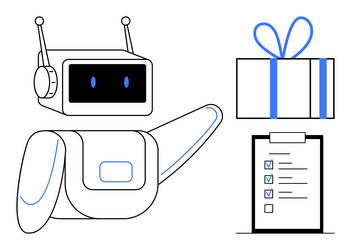 robot pointing towards a gift box and checklist vector image