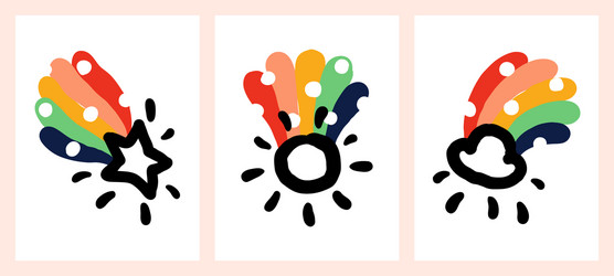 Rainbows with sun cloud and shooting star set vector