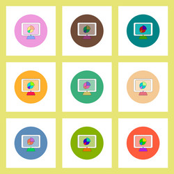 flat icons set of business pie chart on monitor vector image