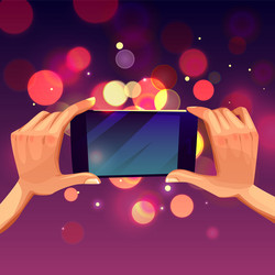 Cartoon hands holding smartphone making photo vector